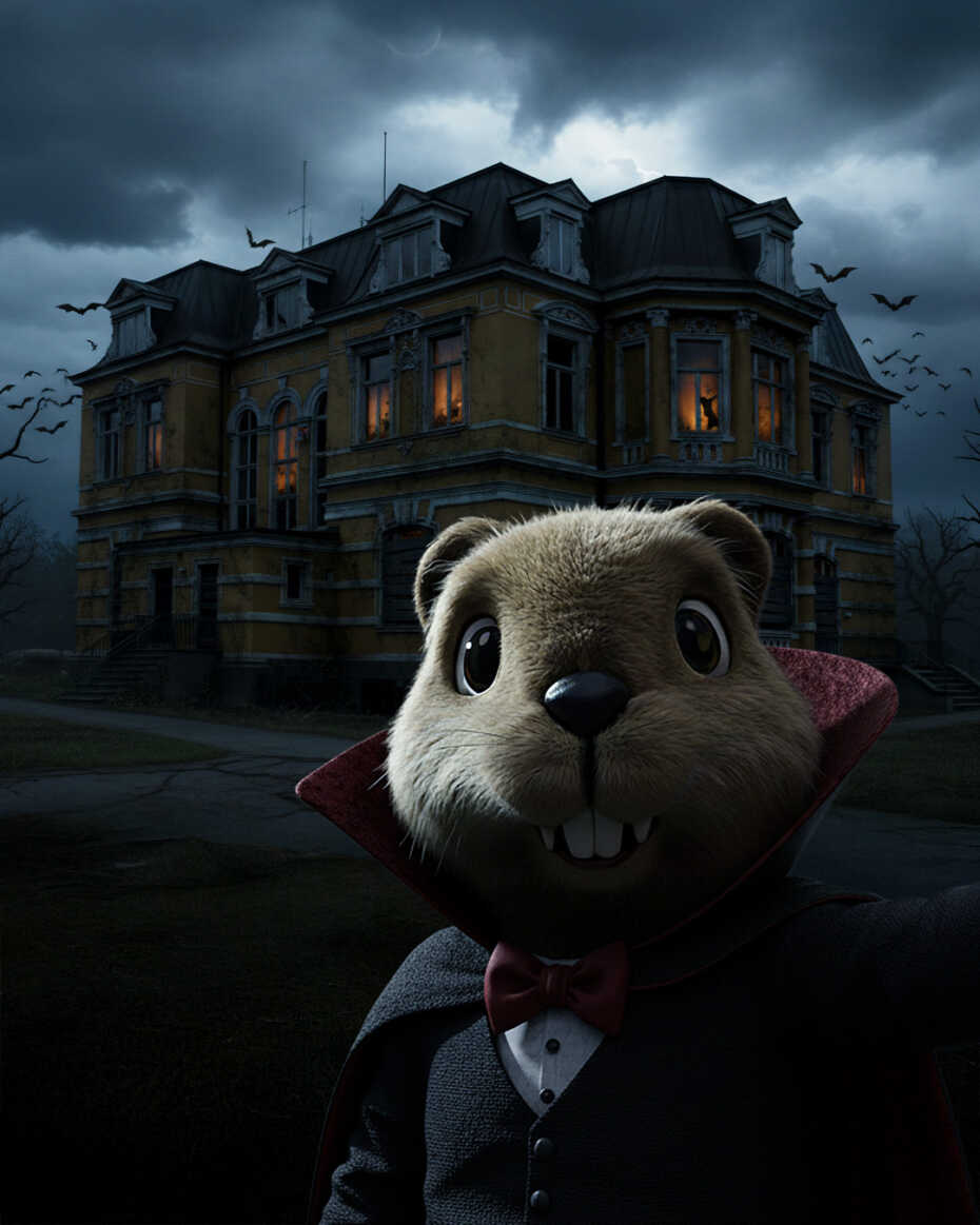 Cartoon-Biber Beni im Vampirkostüm macht einen Selfie vor einer Halloween-Version der Villa Erckens in Grevenbroich.