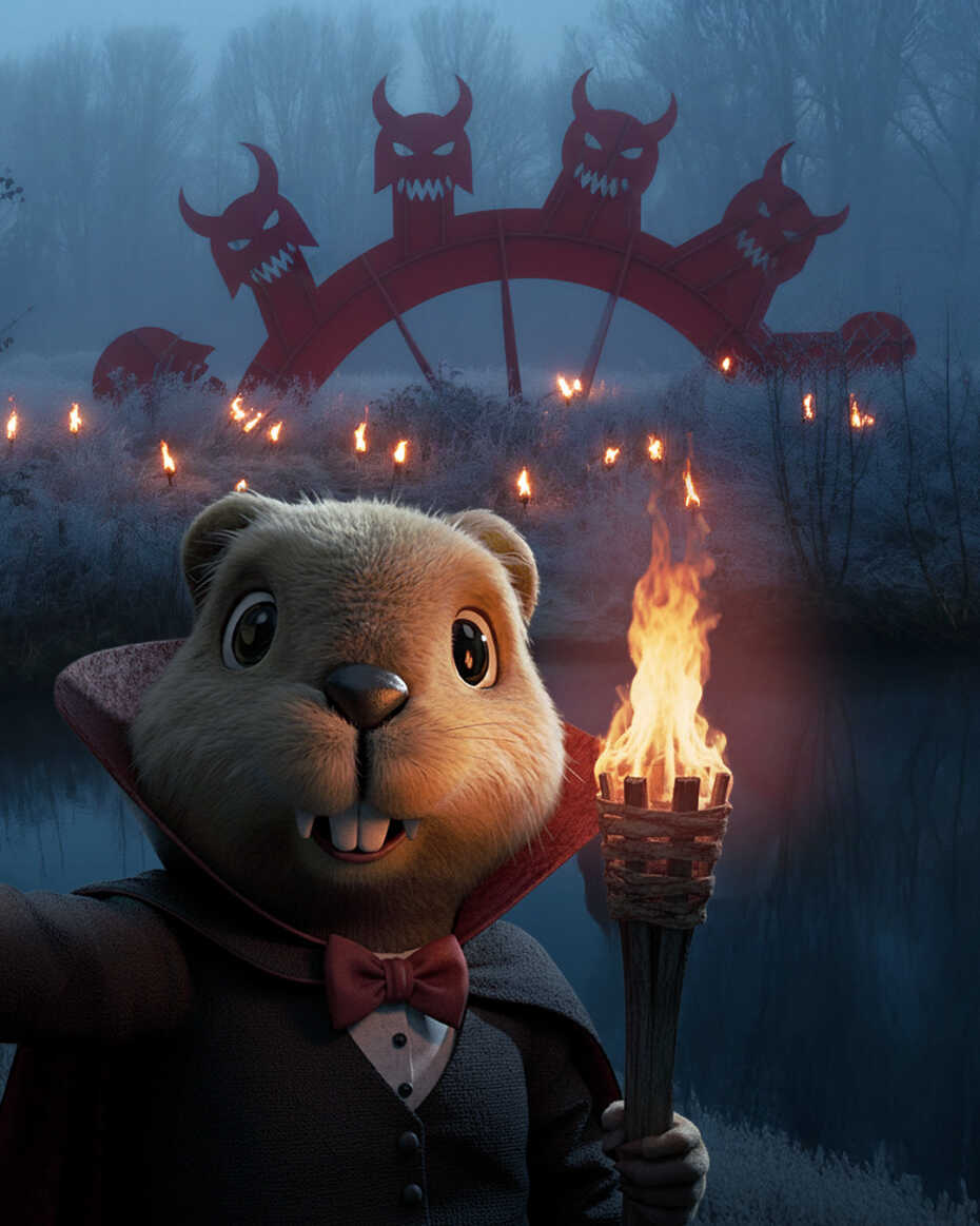 Cartoon-Biber Beni im Vampirkostüm und Fackel macht einen Selfie vor einer Halloween-Version des Schaufelrads in Grevenbroich.
