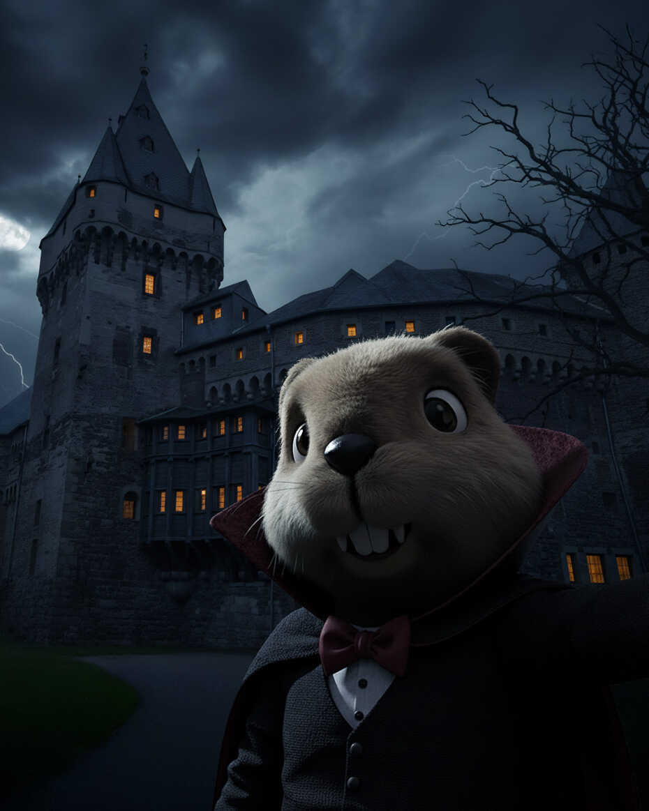 Cartoon-Biber Beni im Vampirkostüm macht einen Selfie vor einer Halloween-Version von Schloss Hülchrath in Grevenbroich.