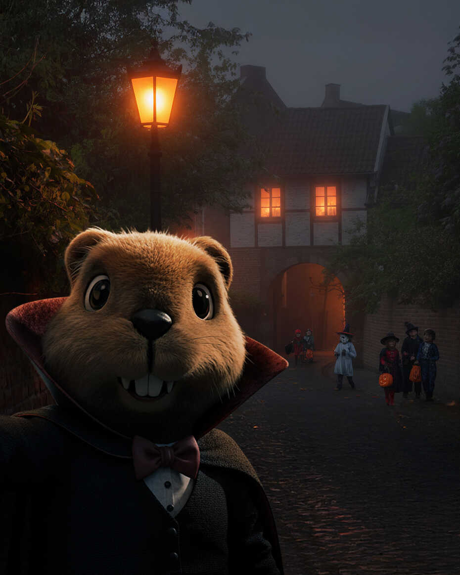Cartoon-Biber Beni im Vampirkostüm macht einen Selfie vor einer Halloween-Version des alten Schlosses in Grevenbroich. Im Hintergrund sind kostümierte Kinder zu sehen.