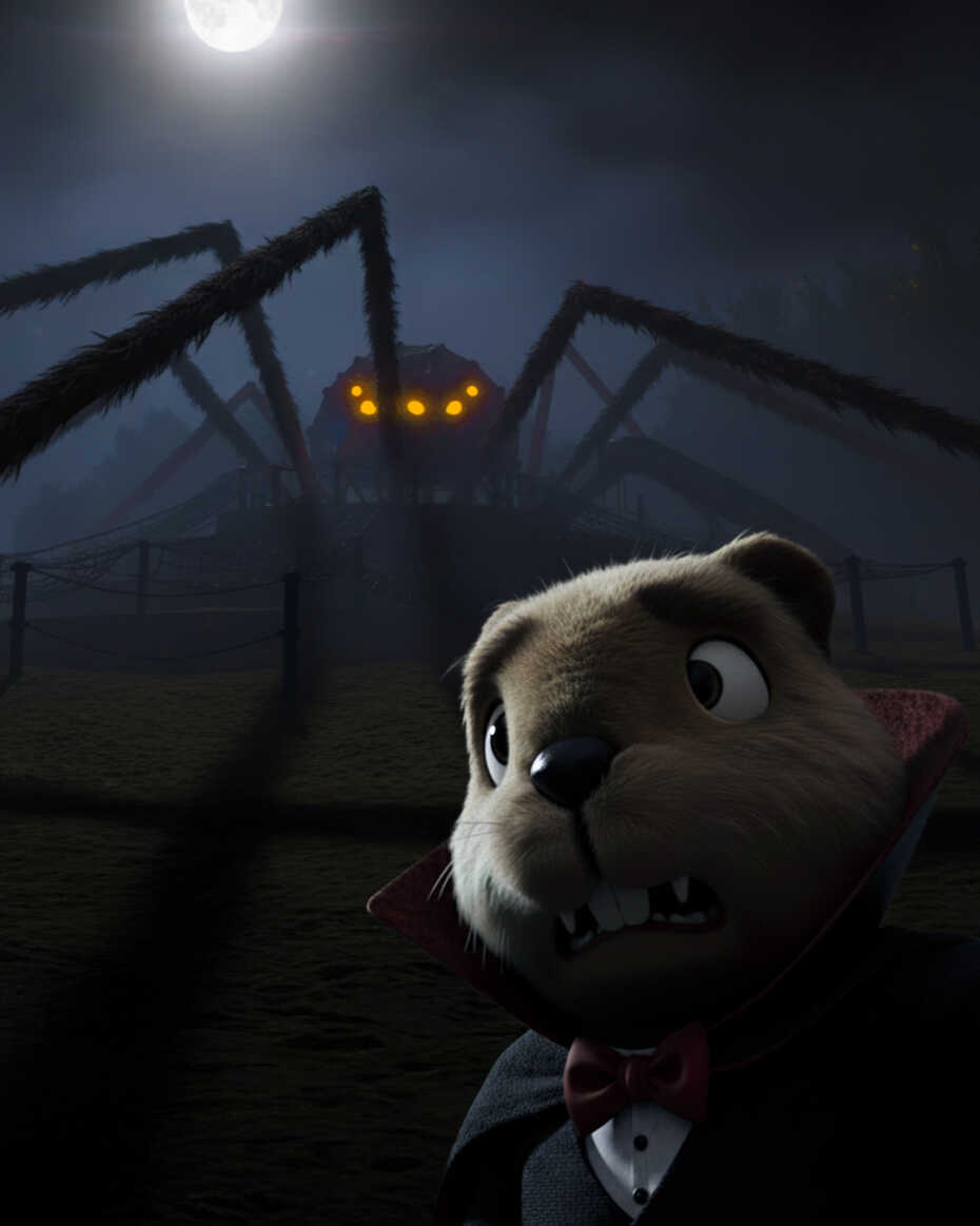 Cartoon-Biber Beni im Vampirkostüm macht einen Selfie vor einer Halloween-Version der Spielplatz-Spinne in Grevenbroich.