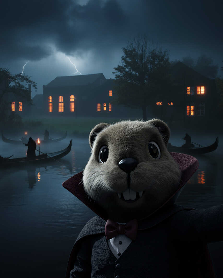 Cartoon-Biber Beni im Vampirkostüm macht einen Selfie vor einer Halloween-Version der Stadtpark-Insel in Grevenbroich.